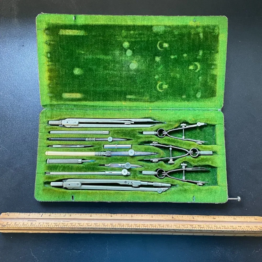Vintage Drafting Kit Eugene-Dietzgen Co. and triangular Weber drafting ruler